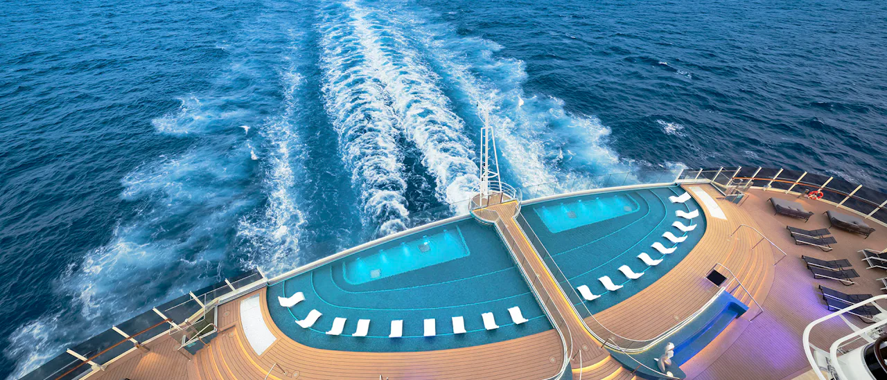 The glass-floored Bridge of Sighs located at the unique vantage point on deck 16-22 metres above the Infinity Pool.