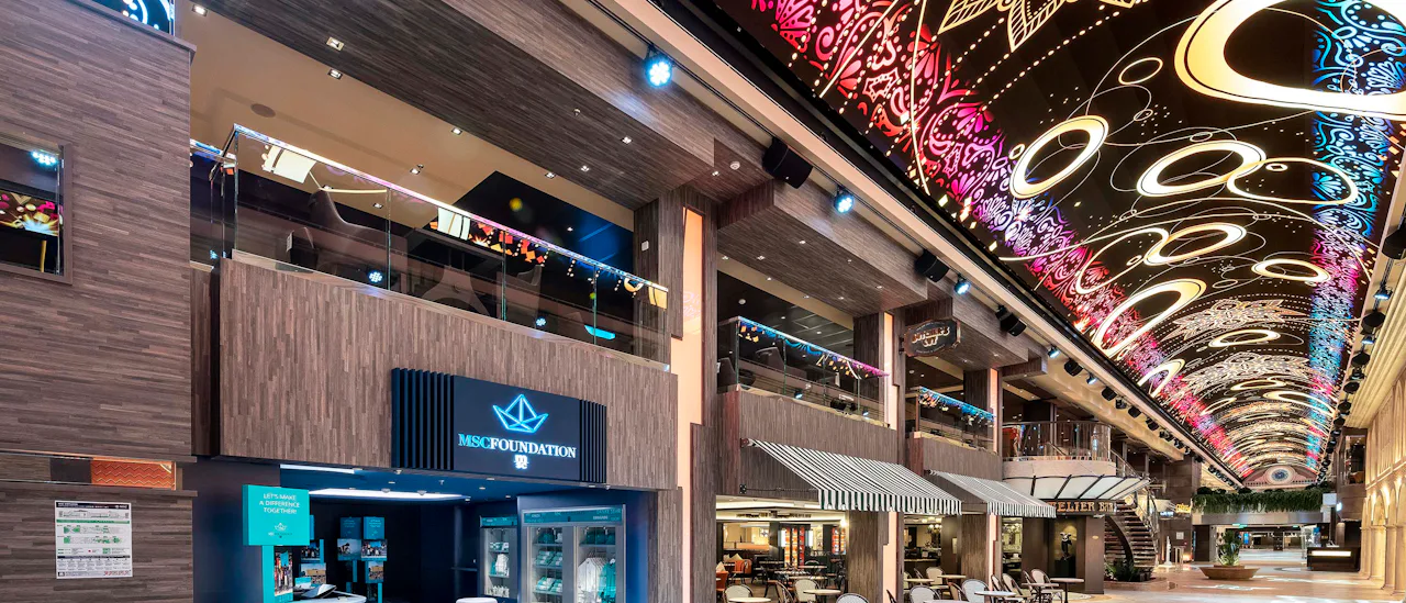 The promenade has the longest and most spectacular LED dome at sea with both main and special restaurants as well as many shops.